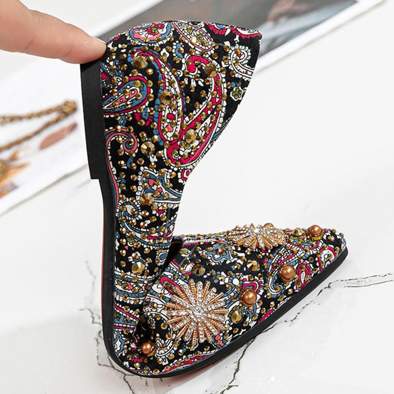 Korean Version of Retro Single Shoes Female Printed Cloth Pointed Toe Flat Shoes Rhinestone Rivet Scoop Shoes Shallow Mouth Soft Bottom Shoe All-match