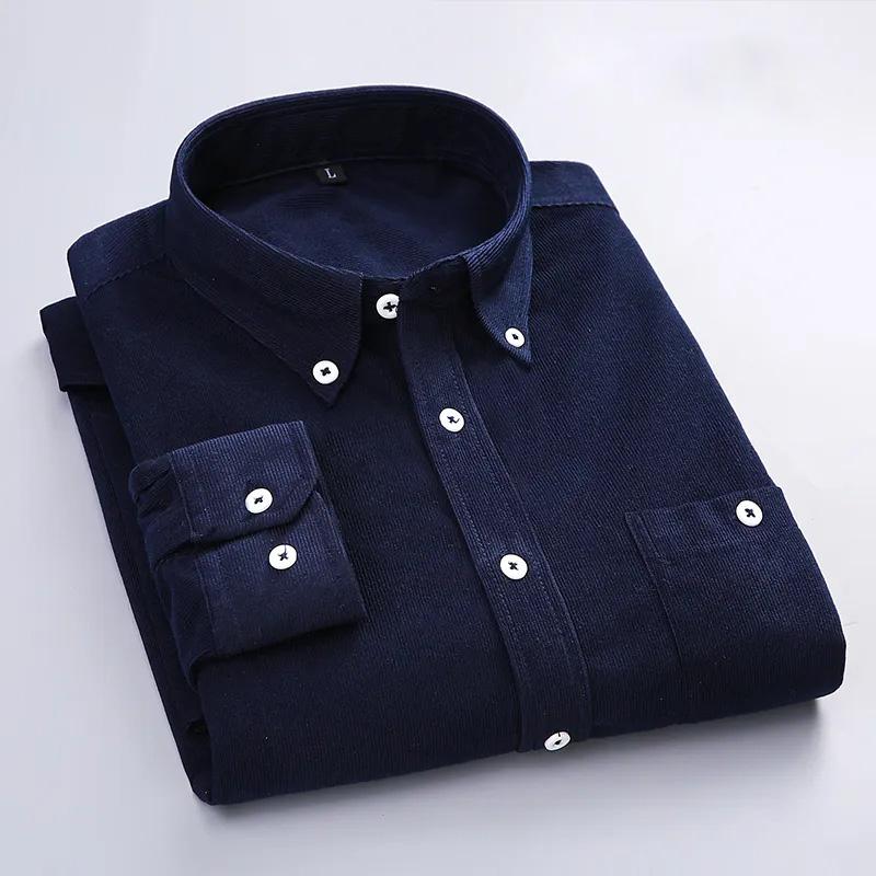 Men's Corduroy Slim Long Sleeve Shirts Solid Color Casual Tops Business Lapel Spring and Autumn Outer Tops