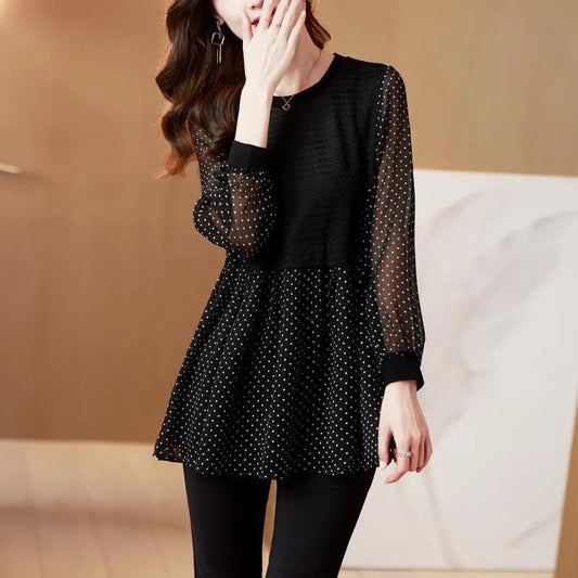 Black Polka Dot Chiffon Top Women's Long-sleeved Spring Slim T-shirt Bottoming Shirt