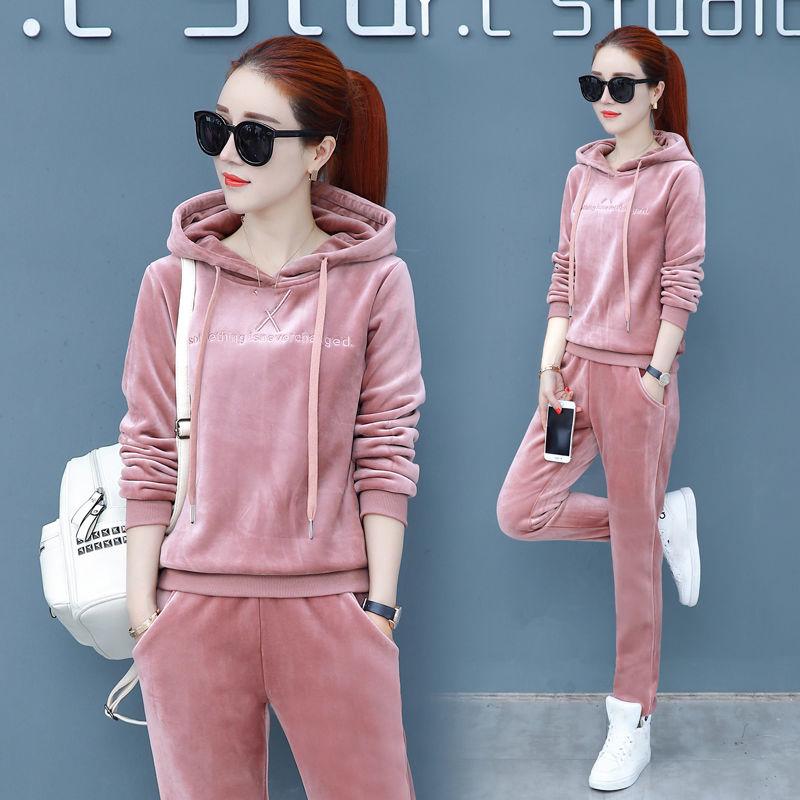 Sweatshirt Women's Casual Sports Suit Autumn and Winter Thickening Plus Fleece Two-piece Warm Hooded Sweater Two-piece Soft and Comfortable