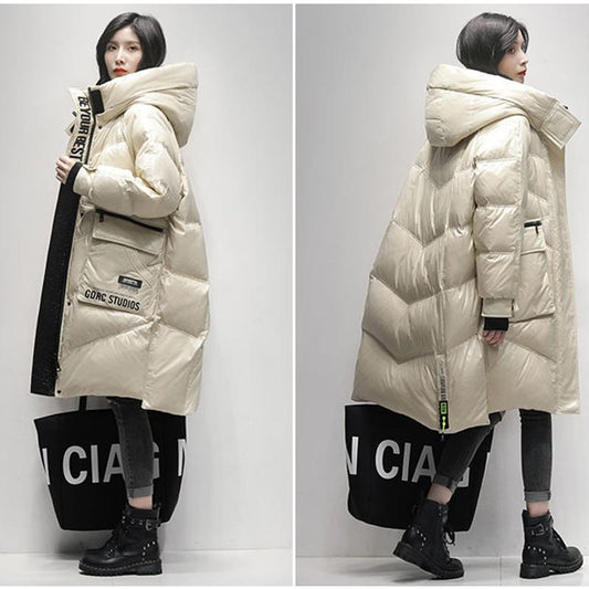 Women's Winter Korean Style Loose Quilted Coat Warm Stand-up Collar Down Jacket Women's Bright Face Long Down Jacket