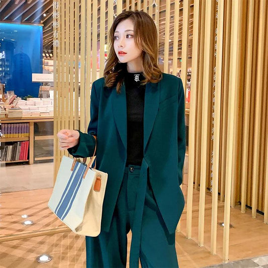 2PCS Women's Suit Suit Autumn Korean Version Casual Professional Suit Jacket + Wide-leg Pants Two-piece Set Lazy Lady Loose Suit