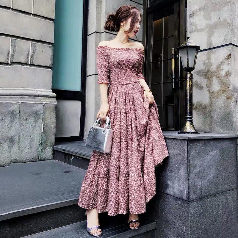 Woman Bohemian Sexy Floral Off-shoulder Dress  Elastic Bust High-waist Dress Long Maxi Party Dress