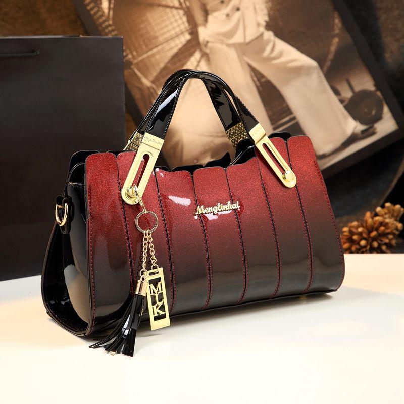 Bright Leather Ladies Bag Shoulder Slung Handbag Simple Splicing Patent Leather Handbag