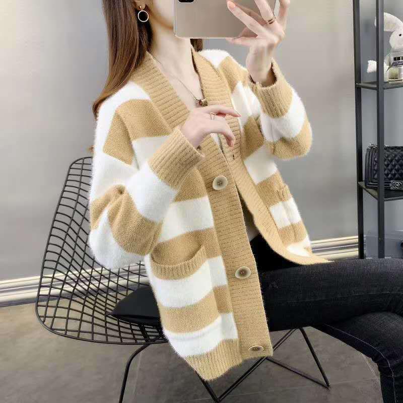 Autumn and Winter Mohair Jacket Loose-fitting Outer Wear Cardigan Jacket Striped Pattern Simple Female Jacket