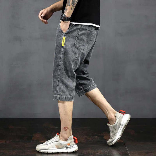 Summer Thin Denim Shorts Men's Loose Straight Leg Stretch Cropped Casual Pants