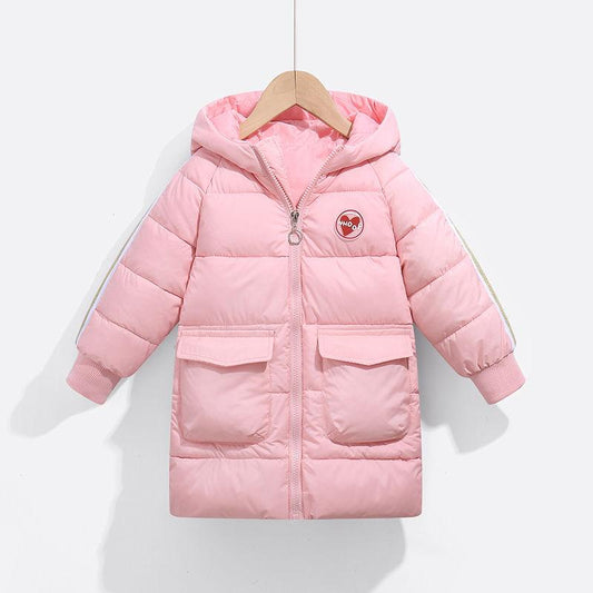 Girls Mid-length Warm and Windproof Cotton Padded Jacket with Thick Hooded Autumn and Winter Jacket