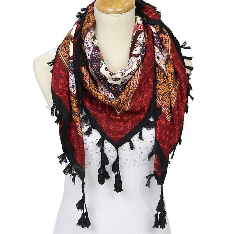 Women's ethnic style warm huge square scarf cotton printed fringed scarf Bohemian Muslim windproof travel shawl Multifunctional turban shawl 110x110cm