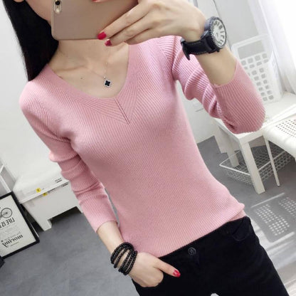 V-neck Sweater Women's Spring and Autumn Section Warm Sweater Bottoming Shirt  Long-sleeved Shirt