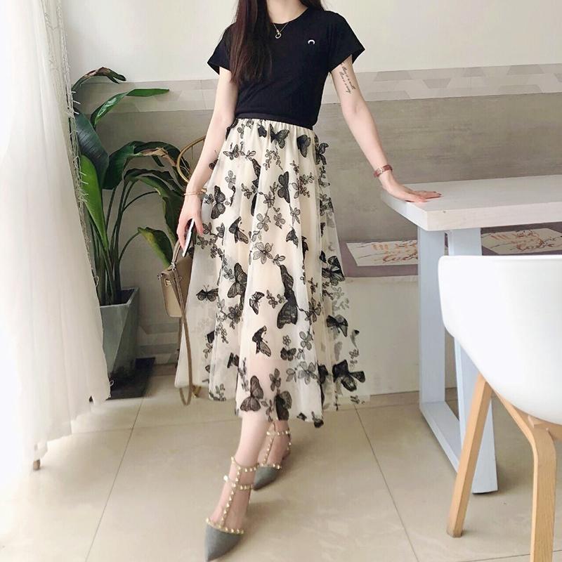 Butterfly embroidery Women Chiffon Skirt Mid-length A-line Skirt Plus Size Fairy Skirt Summer Ruffled Elastic Waist Sandy Beach Vacation Daily