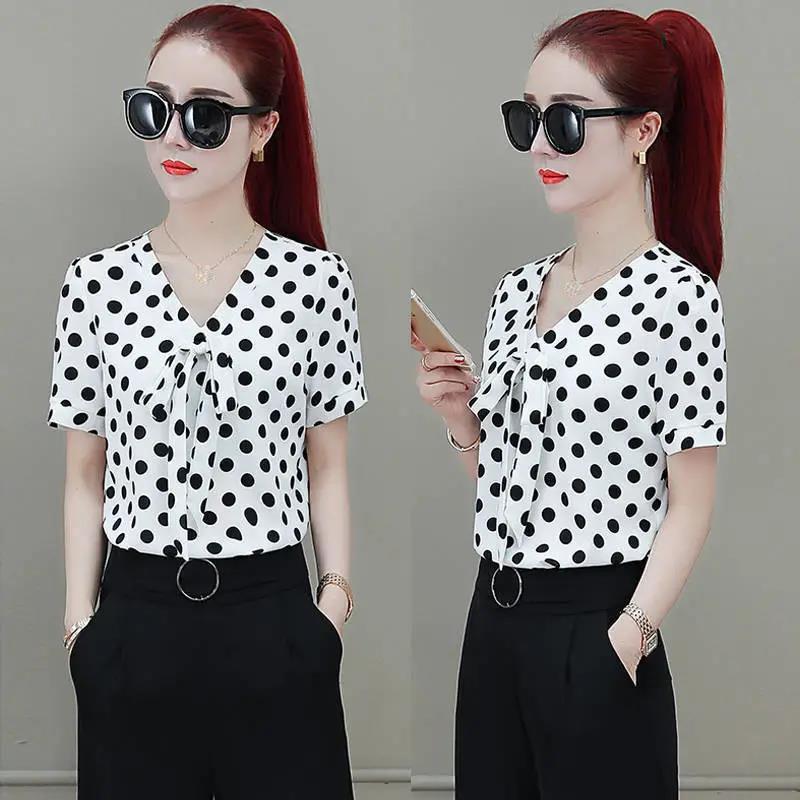 Chiffon Shirt Women's Short-sleeved Loose Top Cover Belly Shirt Shirt Black and White Polka Dot Chiffon Shirt Temperament Elegant Lady Style