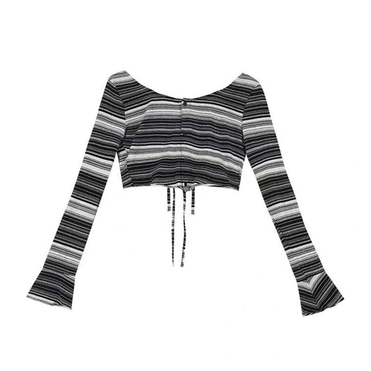 Y2k Top  Women's T-shirt Short T-shirt Slim Top Long Sleeves Black and White Stripes Irregular Cardigan Straps Reversible